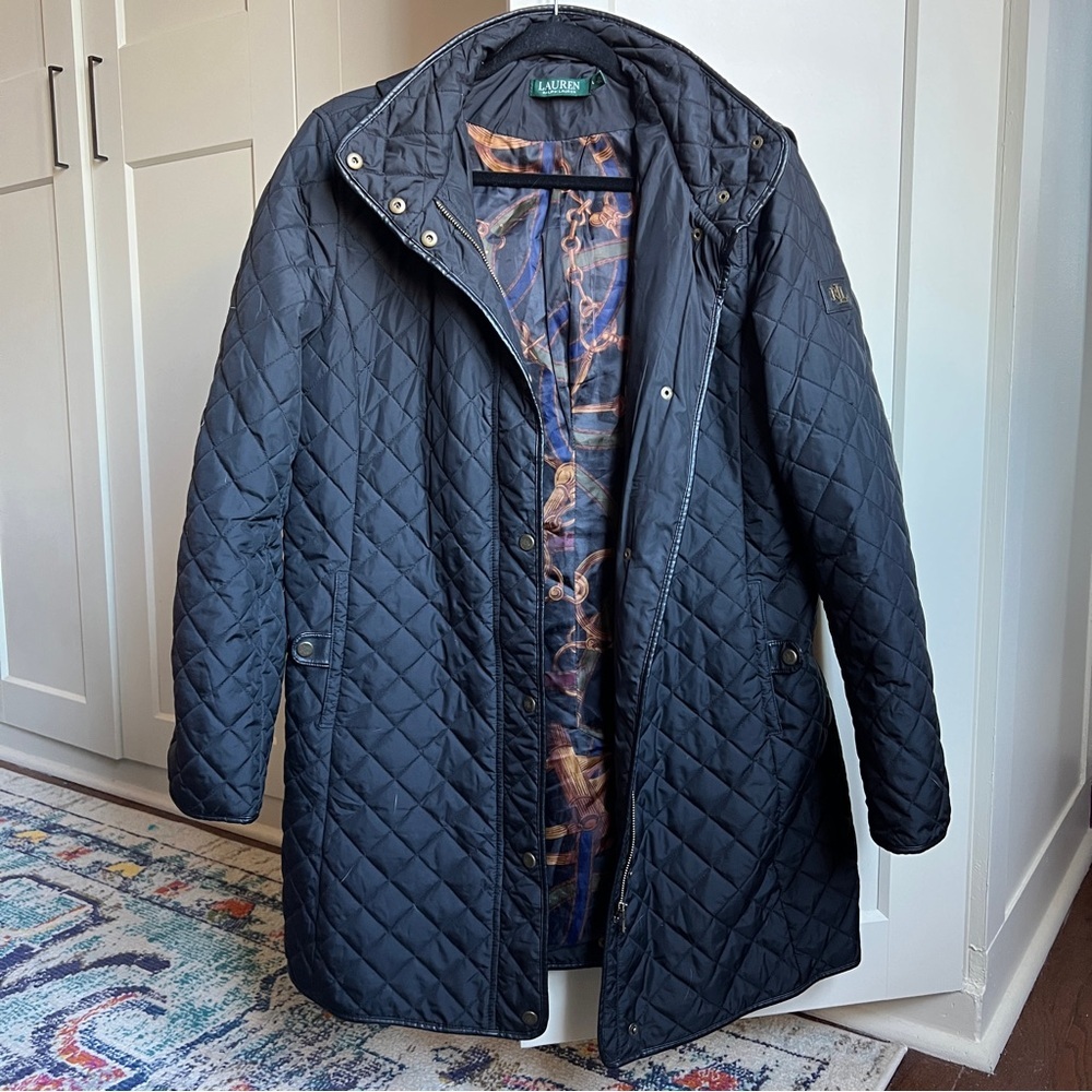 Ralph Lauren Black Diamond Quilted long Hooded Coat Horsebit Chain Lining - Picture 5 of 11